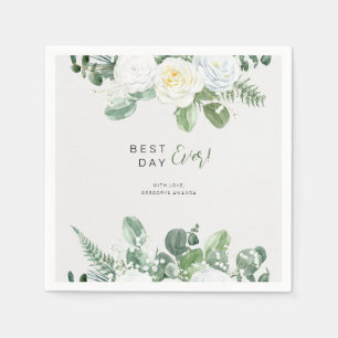 Serviette En Papier Roses blanches élégantes et verdure