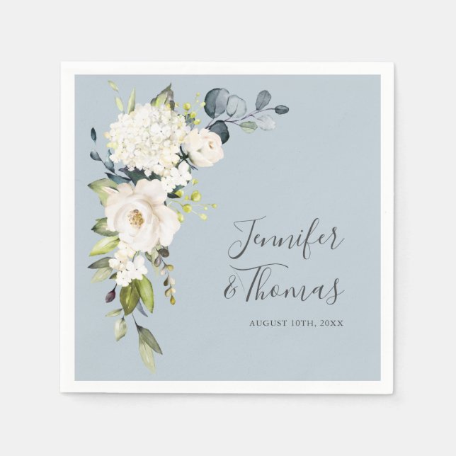 Serviette En Papier Roses blanches et Hydrangées sur le Mariage Floral (Devant)
