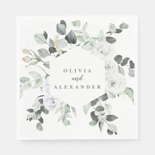 Serviette En Papier Roses blanches et mariage floral vert (Devant)