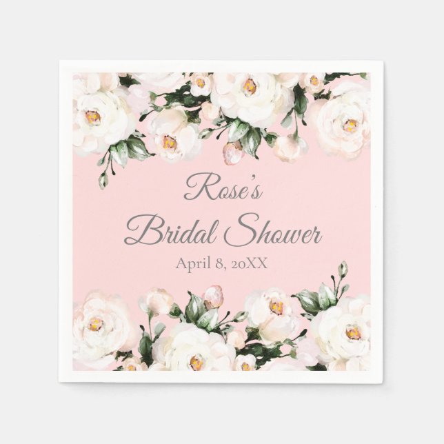 Serviette En Papier Roses blanches | Fête des mariées rose (Devant)