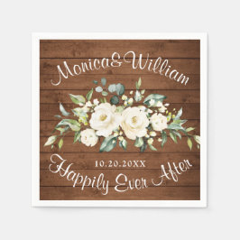 Serviette En Papier Roses blanches ivoire Verdure Bois rustique Mariag