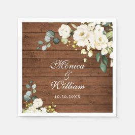 Serviette En Papier Roses blanches ivoire Verdure Bois rustique Mariag