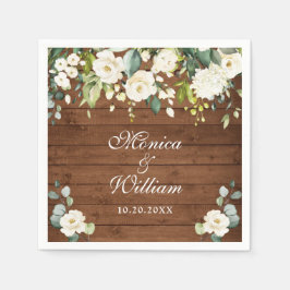 Serviette En Papier Roses blanches ivoire Verdure Bois rustique Mariag