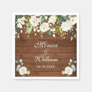 Serviette En Papier Roses blanches ivoire Verdure Bois rustique Mariag