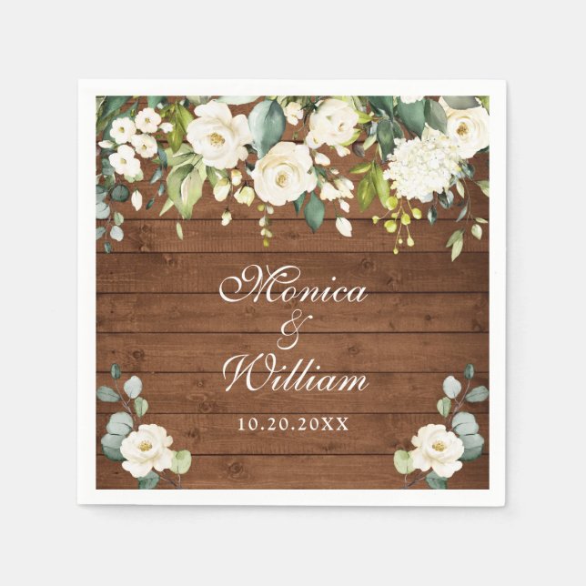 Serviette En Papier Roses blanches ivoire Verdure Bois rustique Mariag (Devant)
