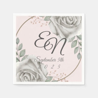 Serviette En Papier Roses blanches Monogramme rustique mariage