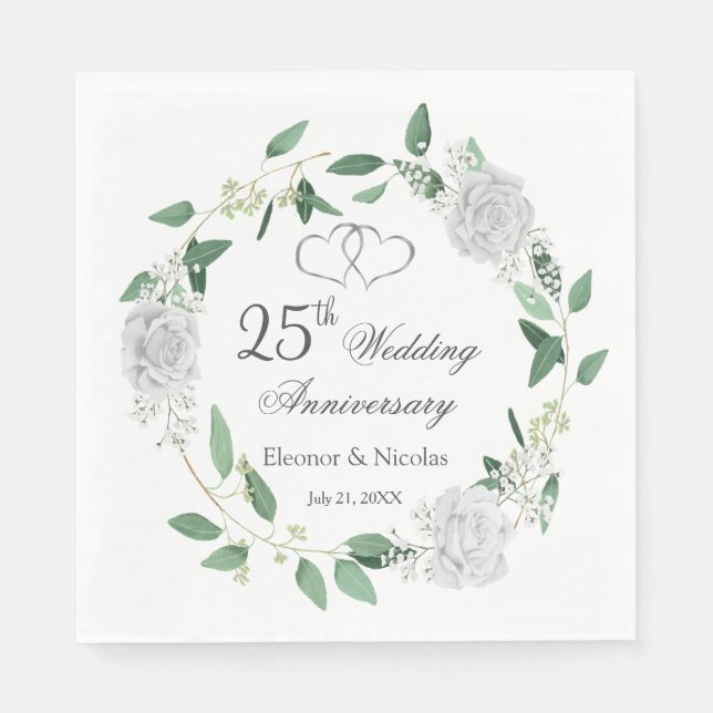 Serviette En Papier Roses blanches Verdure 25e anniversaire Mariage (Devant)