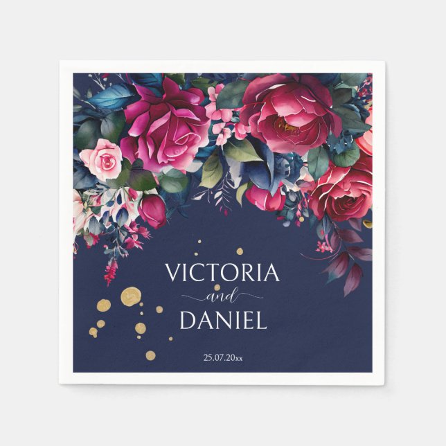 Serviette En Papier Roses bleu marine rose chaud mariage personnalisé (Devant)