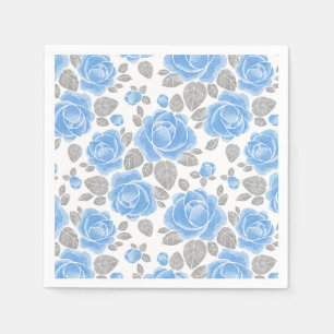 Serviette En Papier Roses d'aquarelle bleu et feuilles gris