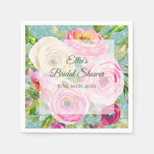 Serviette En Papier Roses d'aquarelle en Parties scintillant Aqua rose