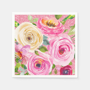 Serviette En Papier Roses d'aquarelle en Parties scintillant rose et c