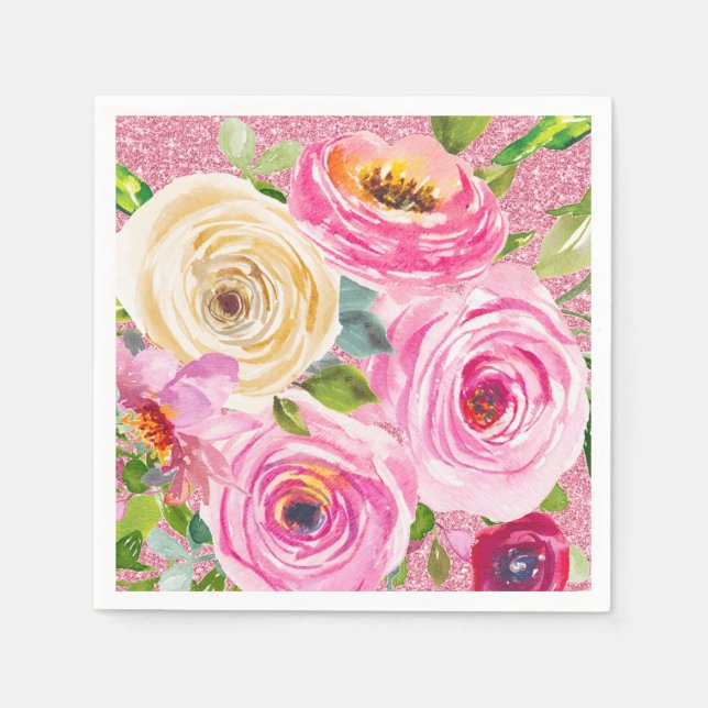 Serviette En Papier Roses d'aquarelle en Parties scintillant rose et c (Devant)