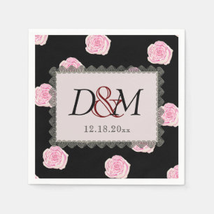 Serviette En Papier Roses de chou rose et Mariage de dentelle noire