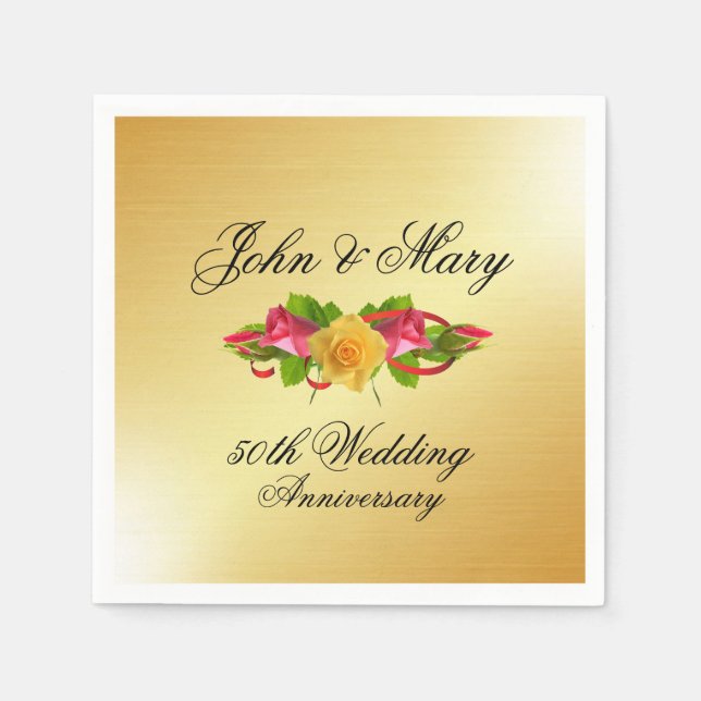 Serviette En Papier Roses et Gold 50e anniversaire Mariage personnalis (Devant)
