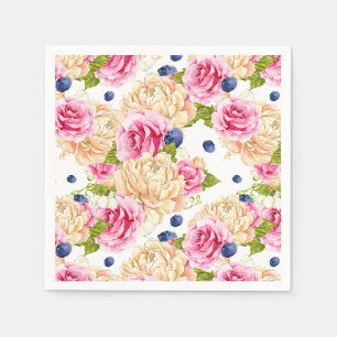 Serviette En Papier Roses et myrtilles à l'aquarelle, motif botanique