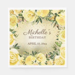 Serviette En Papier Roses Florales Jaunes Paillettes Dorées Anniversai