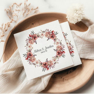 Serviette En Papier Roses Florales Rouge Teint Romantique Mariage