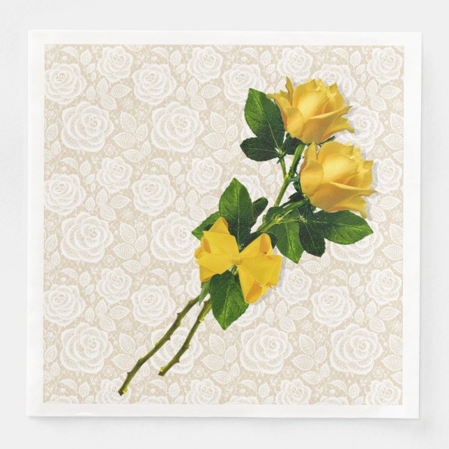 Serviette En Papier Roses Jaunes Bow Blanche dentelle ivoire Papier Na (Devant)