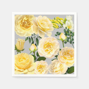 Serviette En Papier Roses jaunes crémeuses Vintage Floral sur gris