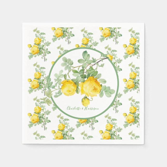 Serviette En Papier Roses Jaunes Soleil Élégant Mariage Floral (Devant)
