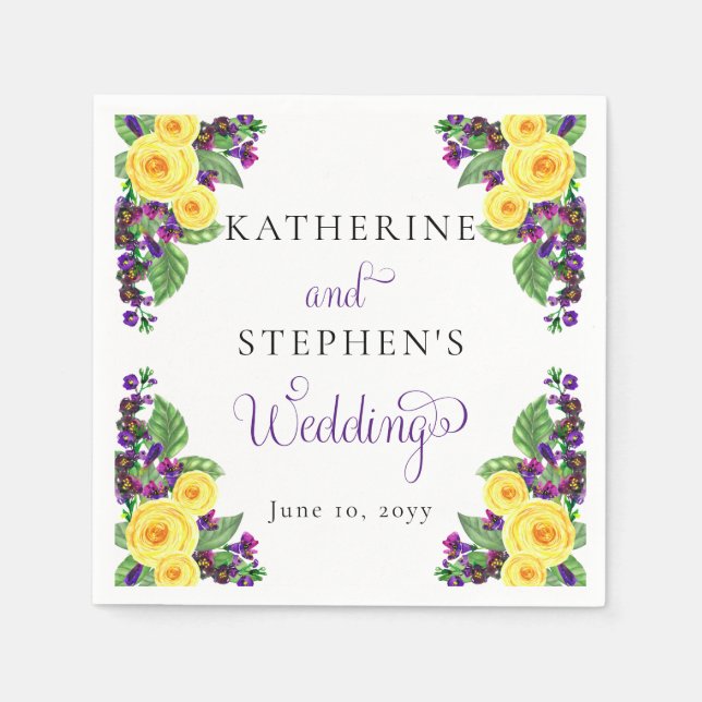 Serviette En Papier Roses jaunes | Violets Boho Floral Mariage (Devant)