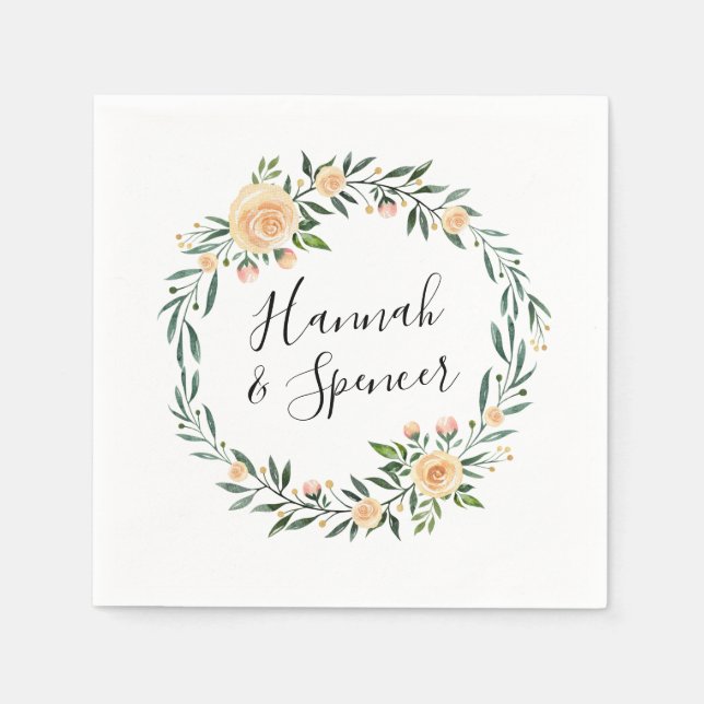 Serviette En Papier Roses Pêche | Mariage Personnalisé (Devant)