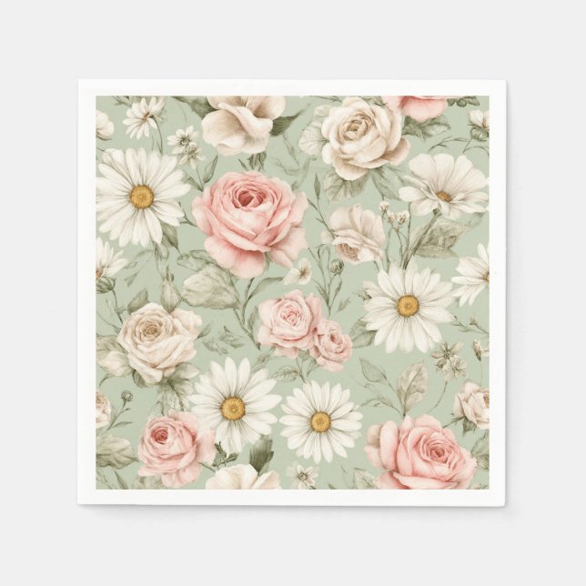 Serviette En Papier Roses Roses Blanches Floral  (Devant)