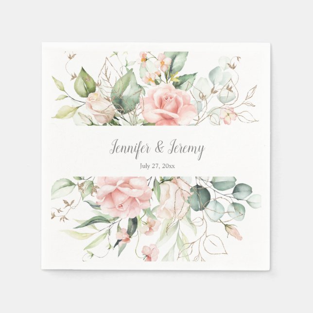 Serviette En Papier Roses roses roses Or Feuilles Eucalyptus Vert (Devant)