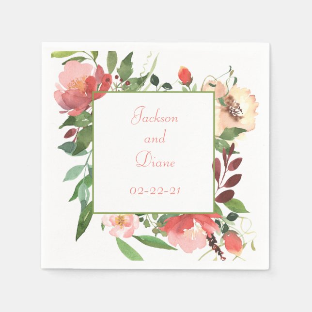 Serviette En Papier Roses roses roses romantiques Bordure d'aquarelle (Devant)