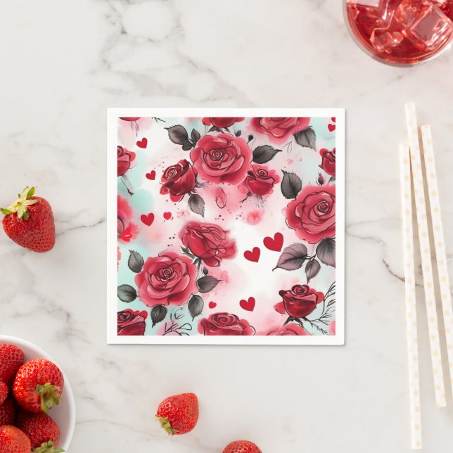 Serviette En Papier Roses rouges aux Coeurs rouges Romantique (En situation)