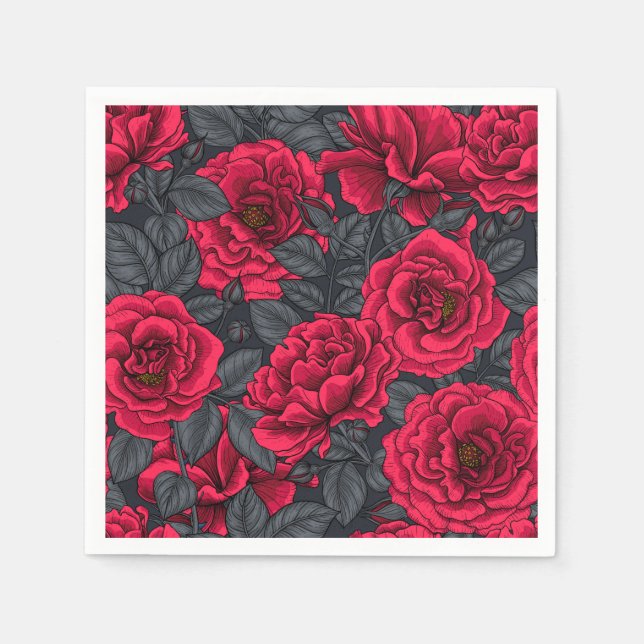 Serviette En Papier Roses rouges avec feuilles gris sur noir (Devant)