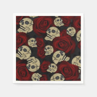 Roses Rouges & Crânes Floral Gothique Gris Noir