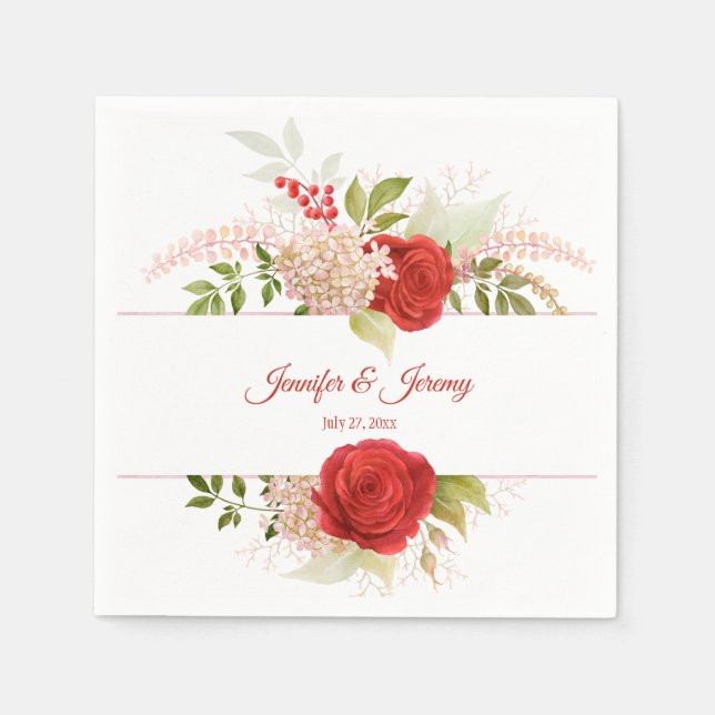 Serviette En Papier Roses rouges d'hiver et Mariage de verdure | (Devant)