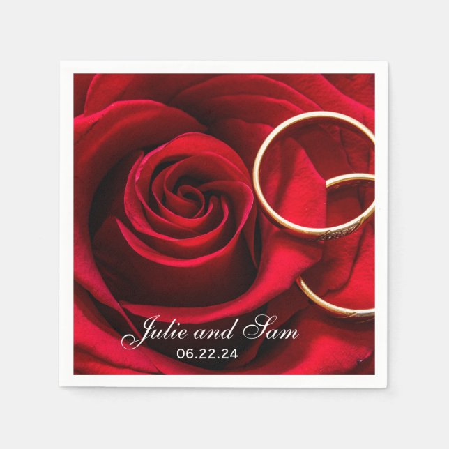 Serviette En Papier Roses rouges et anneaux Mariages Serviettes person (Devant)