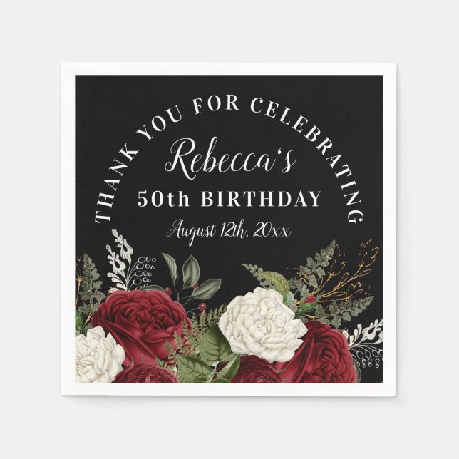 Serviette En Papier Roses rouges sur Noir 50e anniversaire Merci (Devant)