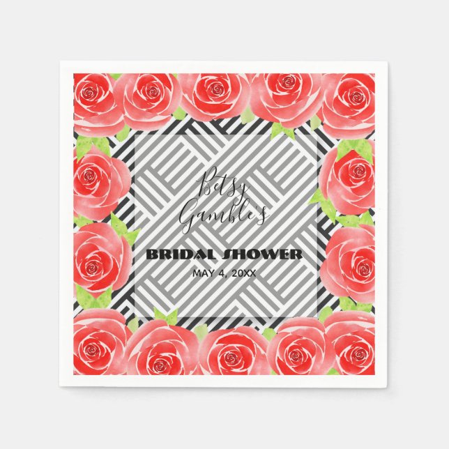 Serviette En Papier Roses sur les serviettes en Grilles Noires et Blan (Devant)