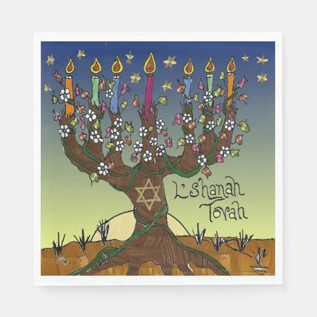 Serviette En Papier Rosh Hashanah L'Shanah Tovah Arbre À Vie Napkins (Devant)