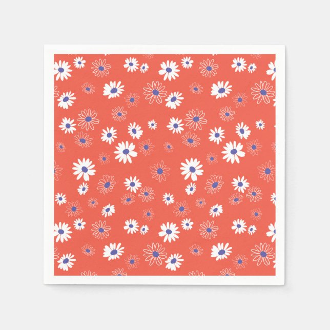 Serviette En Papier Rouge Blanc Bleu Motif Fleurs de marguerite (Devant)