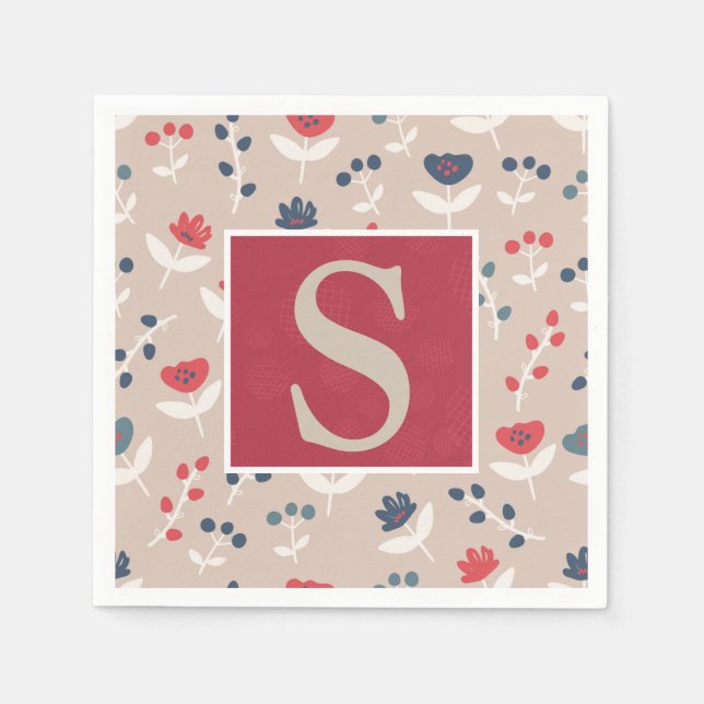 Serviette En Papier Rouge bleu Floral Monogramme Première Ferme (Devant)