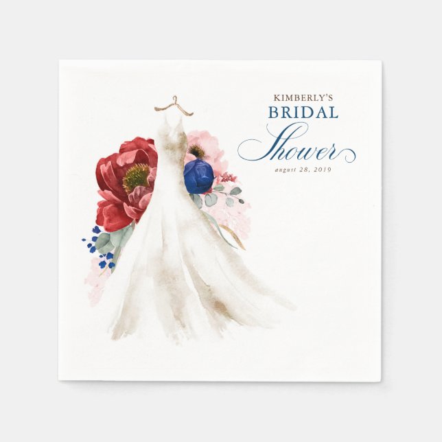 Serviette En Papier Rouge Bourgogne Robe Bleue Marine Fleurs Mariage (Devant)