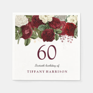 Serviette En Papier Rouge Bourgogne Rose blanche 60e fête d'anniversai