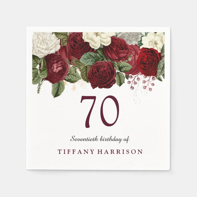 Serviette En Papier Rouge Bourgogne Rose blanche 70e fête d'anniversai (Devant)