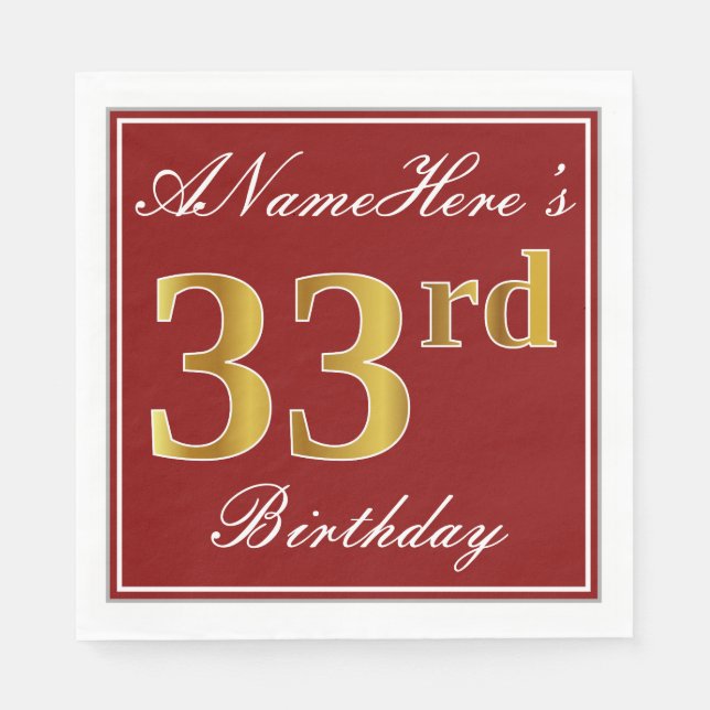 Serviette En Papier Rouge élégant, Faux Gold 33e anniversaire + Nom pe (Devant)