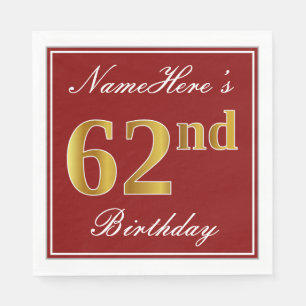 Serviette En Papier Rouge élégant, Faux Gold 62e anniversaire + Nom pe