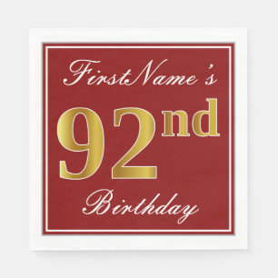 Serviette En Papier Rouge élégant, Faux Gold 92e anniversaire + Nom pe