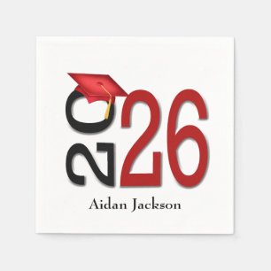Serviette En Papier Rouge et noir 2025 Graduation avec nom