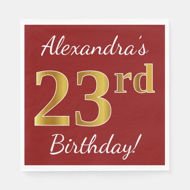 Serviette En Papier Rouge, Faux Gold 23e anniversaire + Nom personnali (Devant)