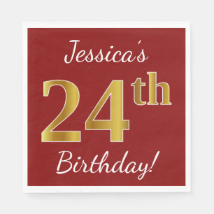 Serviette En Papier Rouge, Faux Gold 24e anniversaire + Nom personnali