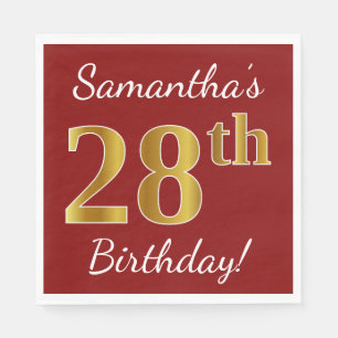 Serviette En Papier Rouge, Faux Gold 28e anniversaire + Nom personnali