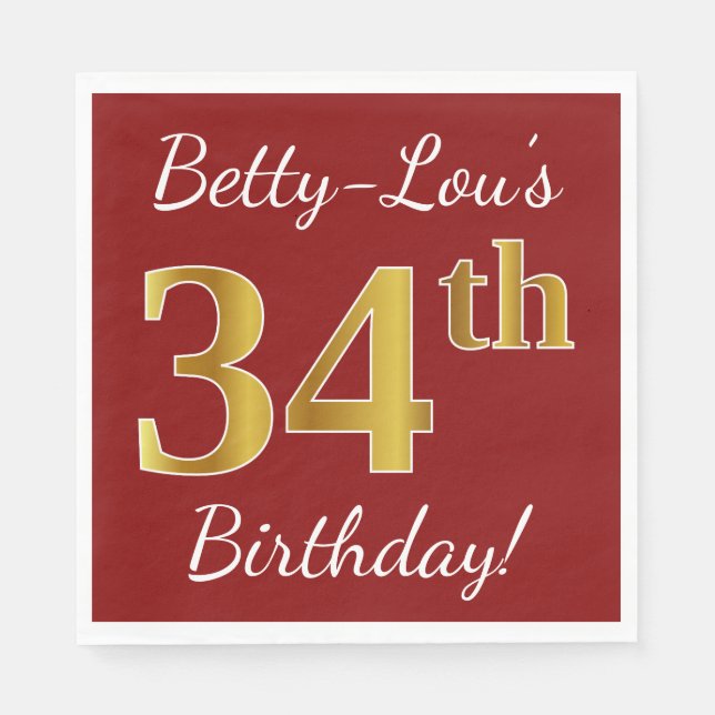Serviette En Papier Rouge, Faux Gold 34e anniversaire + Nom personnali (Devant)